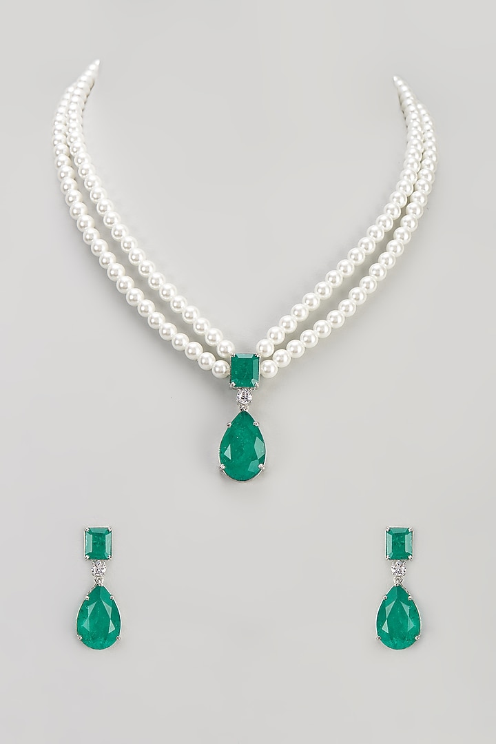 White Finish Zircon & Emerald Necklace Set by Aster at Pernia's Pop Up Shop