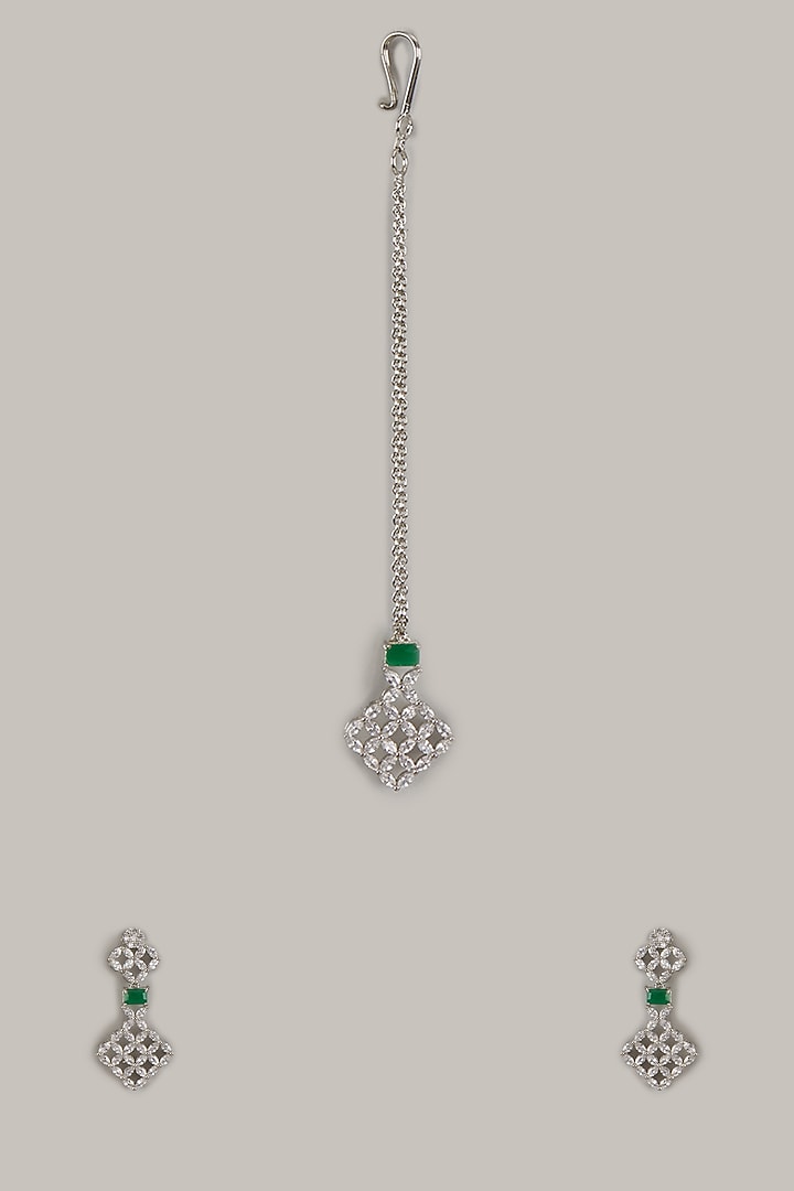 White Finish Zircon & Green Stone Dangler Earrings With Maangtikka by Aster at Pernia's Pop Up Shop