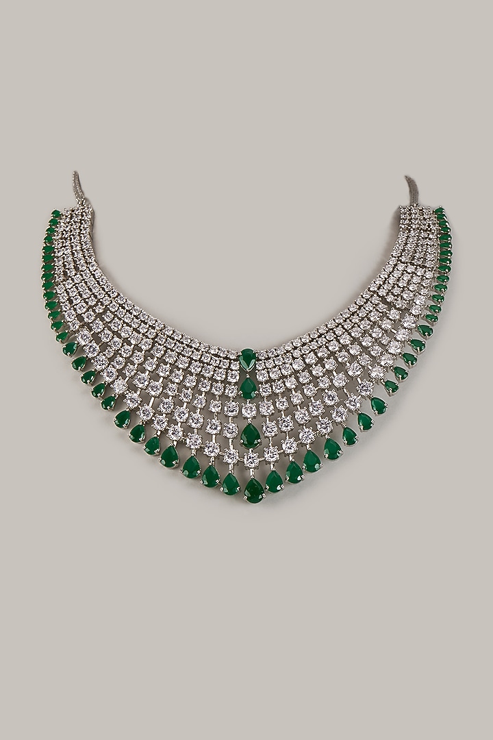White Finish Zircon & Green Stone Necklace by Aster at Pernia's Pop Up Shop