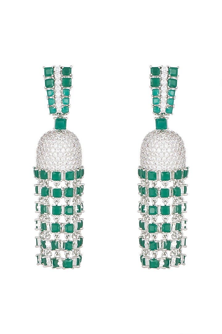 White Finish Diamond & Green Stone Jhumka Earrings by Aster at Pernia's Pop Up Shop