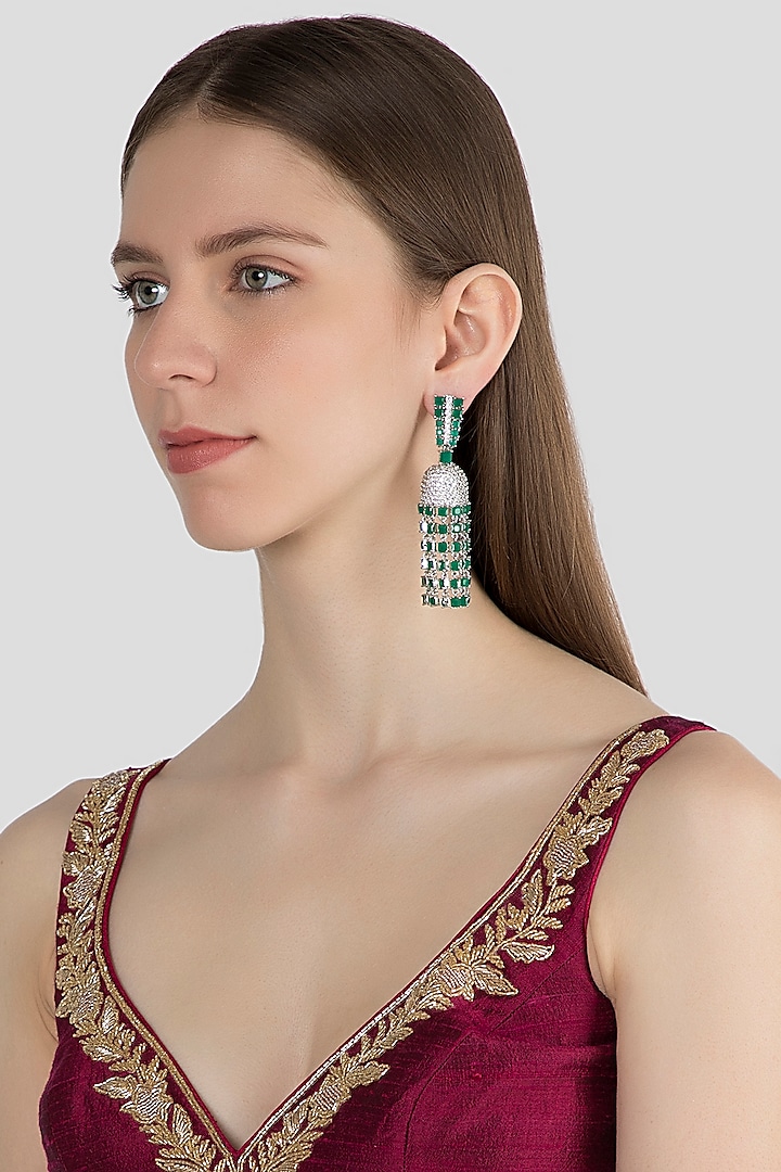 White Finish Diamond & Green Stone Jhumka Earrings by Aster