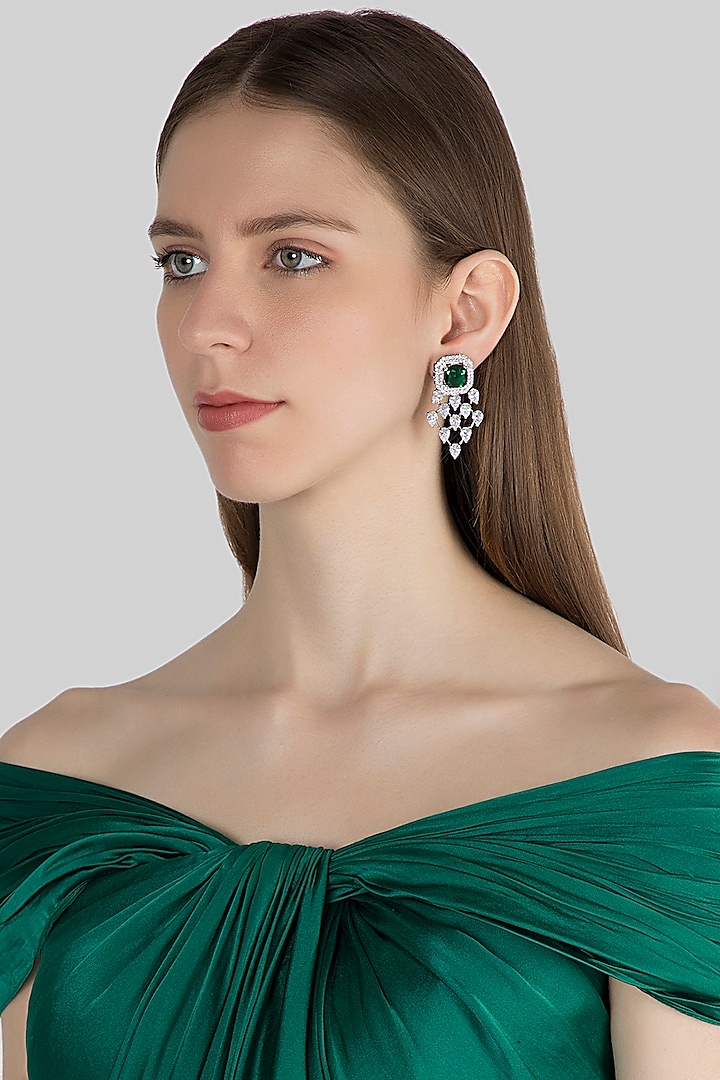 White Finish Diamond & Green Stone Earrings by Aster