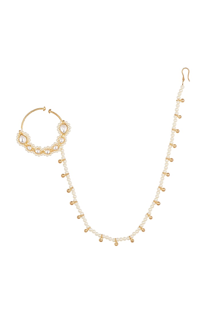 Gold Finish Kundan & Faux Pearl Nose Ring With Kan Chain by Aster at Pernia's Pop Up Shop