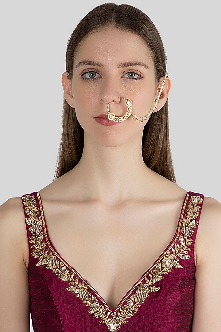 Gold Finish Kundan & Faux Pearl Nose Ring With Kan Chain by Aster at Pernia's Pop Up Shop