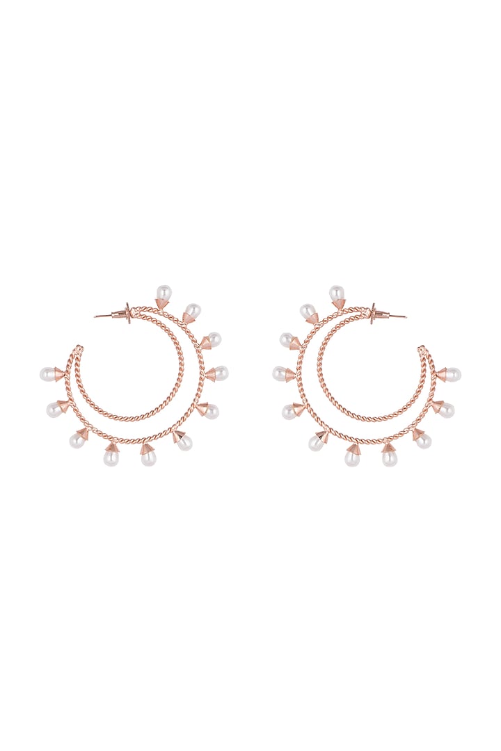 Rose Gold Finish Pearl Hoop Earrings by Aster at Pernia's Pop Up Shop