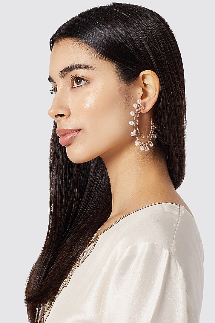 Rose Gold Finish Pearl Hoop Earrings by Aster at Pernia's Pop Up Shop
