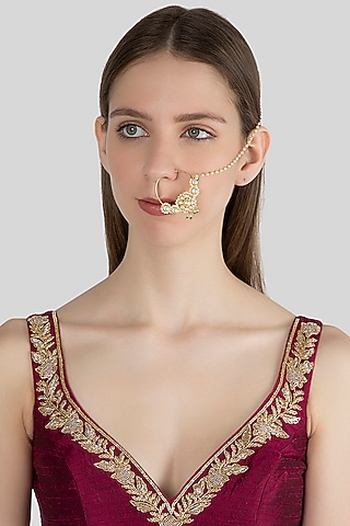 Gold Finish Green Stone Nose Ring With Kan Chain by Aster
