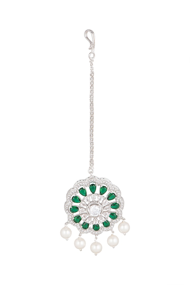 White Finish Green Stone & Diamond Maang Tikka by Aster at Pernia's Pop Up Shop