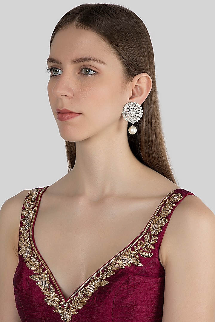 White Finish Diamond & Pearl Earrings by Aster