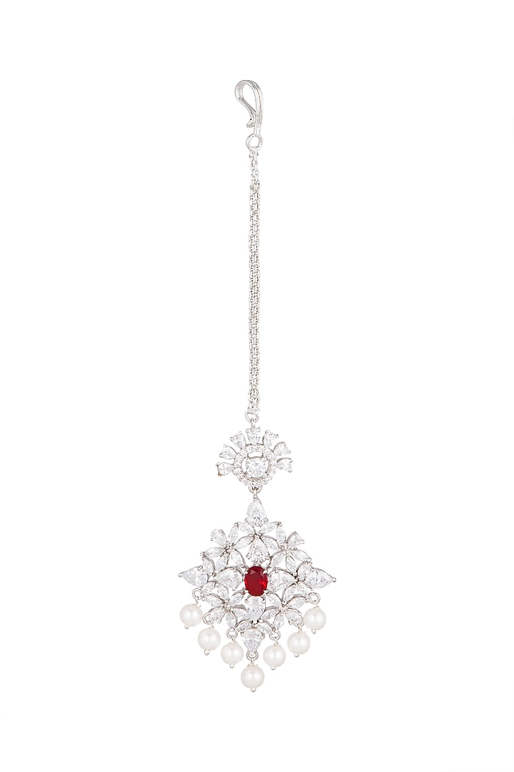 White Finish Red Stone Maang Tikka by Aster at Pernia's Pop Up Shop