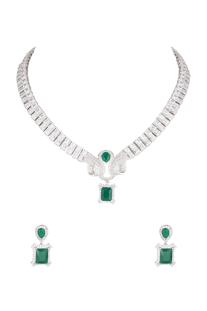 White Finish Green Stone & Diamond Necklace Set Design by Aster at