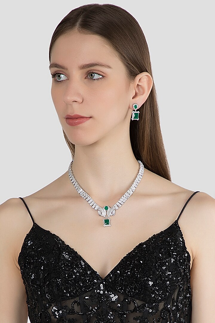 White Finish Green Stone & Diamond Necklace Set by Aster at Pernia's Pop Up Shop