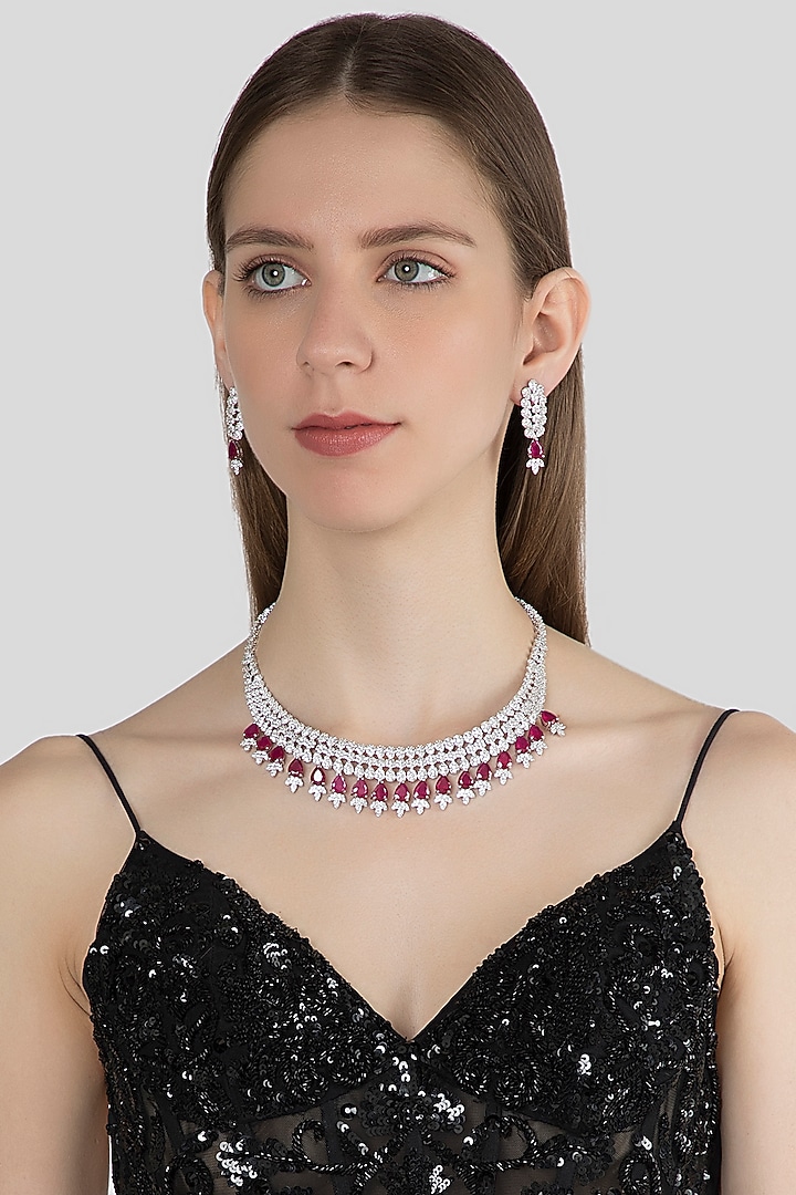 White Finish Dark Pink Stone Necklace Set by Aster at Pernia's Pop Up Shop