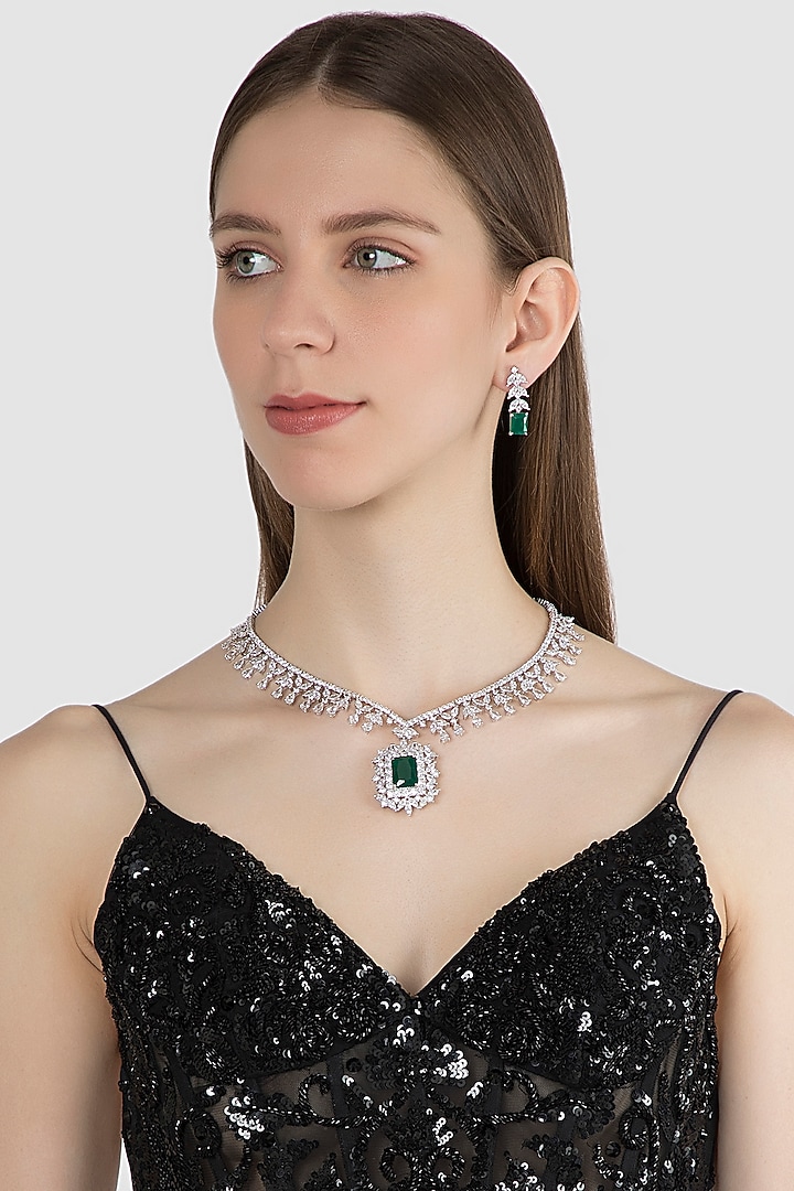 White Finish Green Stone Necklace Set by Aster at Pernia's Pop Up Shop