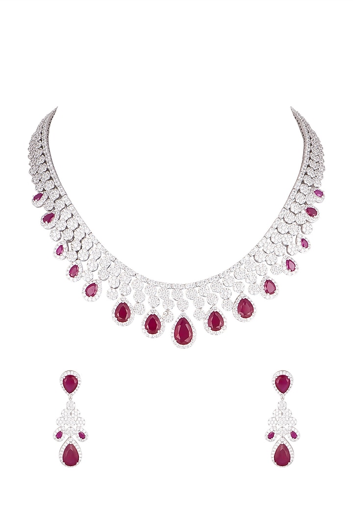 White Finish Red Stone Necklace Set by Aster at Pernia's Pop Up Shop