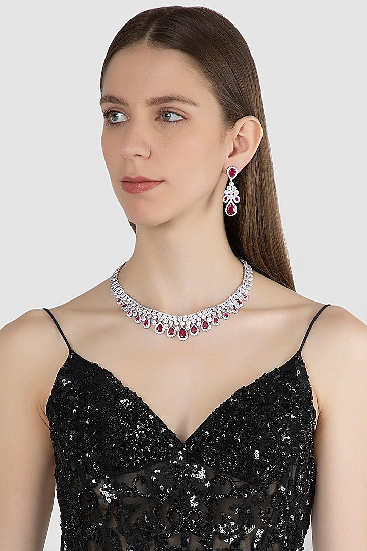 White Finish Red Stone Necklace Set by Aster at Pernia's Pop Up Shop