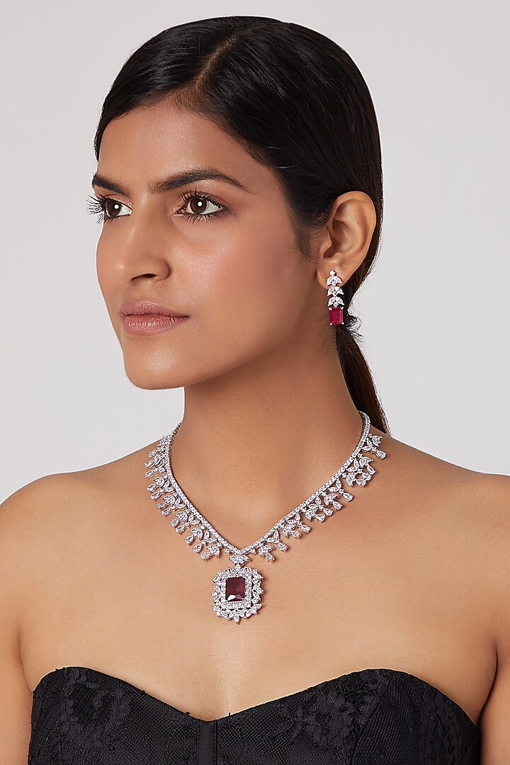 White Finish Stone & Diamond Necklace Set by Aster
