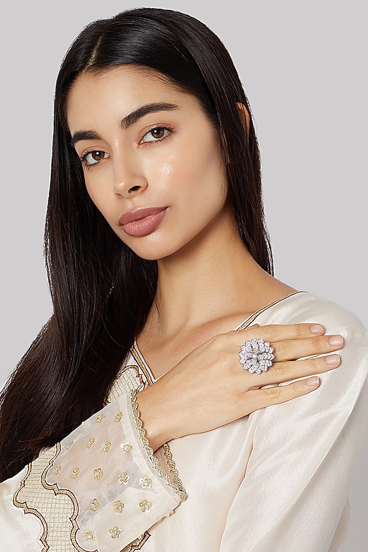 White Finish Diamonds Layered Floral Ring by Aster