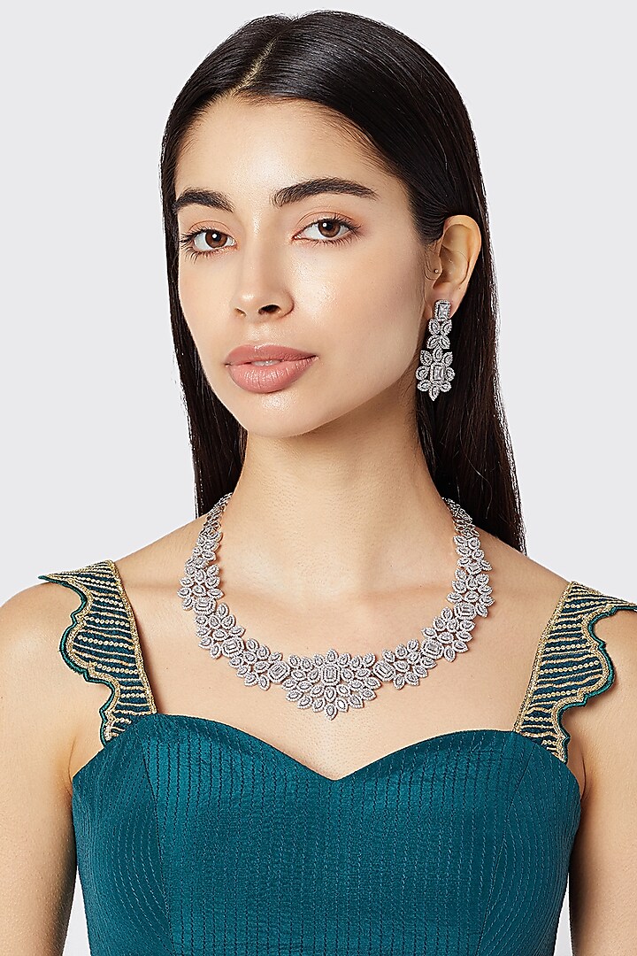 White Finish Diamond Necklace Set by Aster