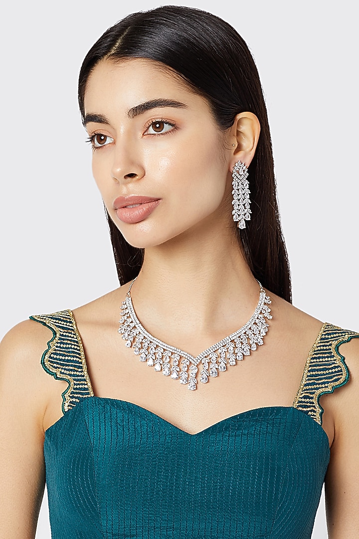 White Finish Faux Diamond Necklace Set by Aster at Pernia's Pop Up Shop