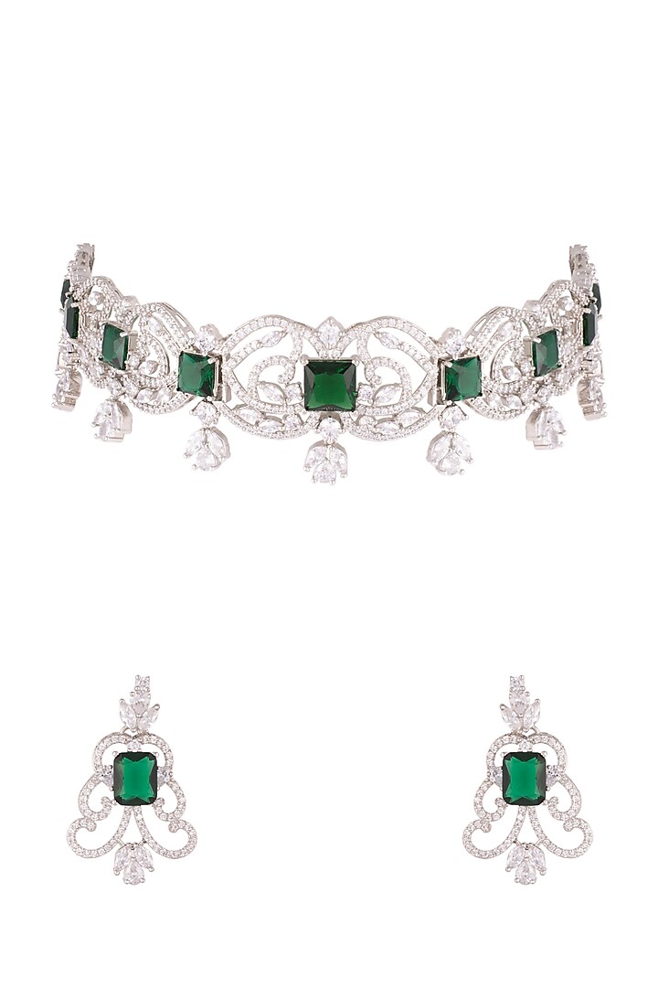 White Finish Zircon & Green Stone Choker Necklace Set by Aster at Pernia's Pop Up Shop