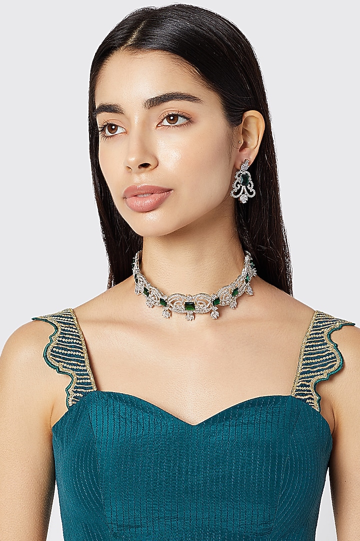 White Finish Zircon & Green Stone Choker Necklace Set by Aster at Pernia's Pop Up Shop