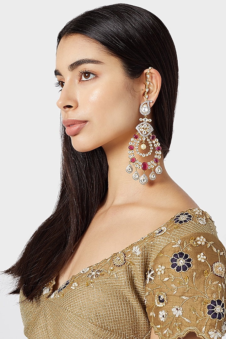 Gold Finish Kundan Earrings With Kaan Chain by Aster at Pernia's Pop Up Shop