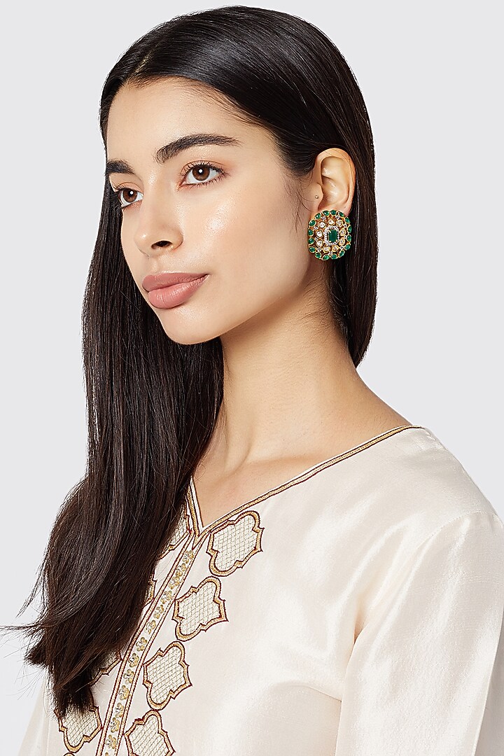 Gold Finish Kundan & Diamond Stud Earrings by Aster at Pernia's Pop Up Shop