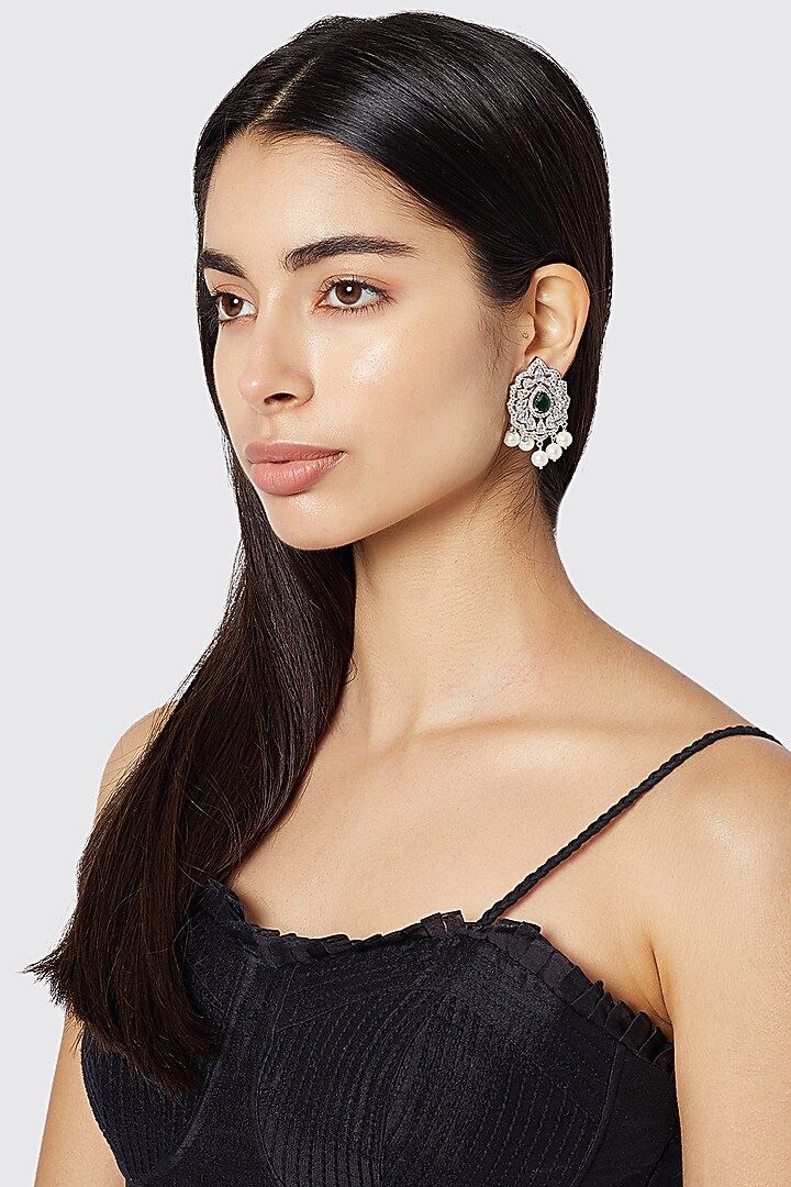 White Finish Diamonds & Pearls Earrings by Aster at Pernia's Pop Up Shop