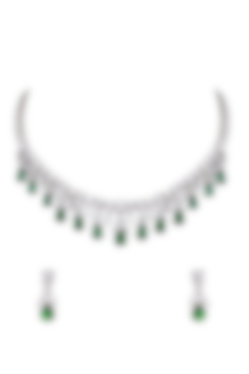 White Finish Green Stone Necklace Set by Aster