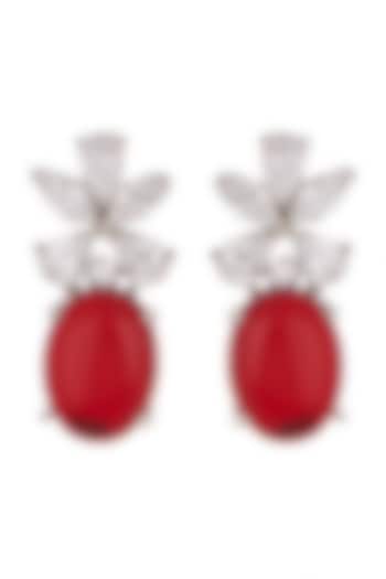 White Finish Red Stone & Zircon Dangler Earrings by Aster