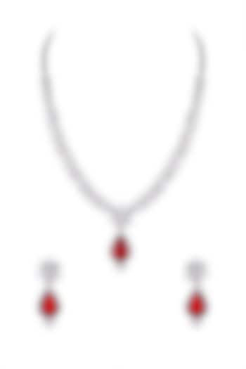 White Finish Red Stone Necklace Set by Aster