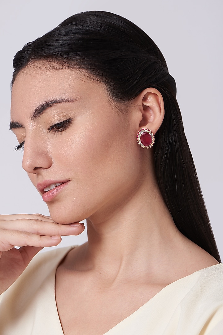 Two Tone Finish Zircon & Red Synthetic Stone Stud Earrings by Aster at Pernia's Pop Up Shop