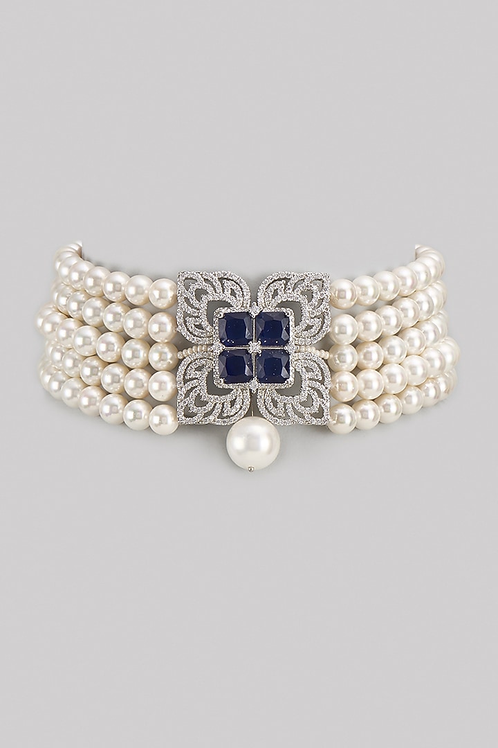 White Finish Zircon & Blue Stone Choker Necklace by Aster at Pernia's Pop Up Shop