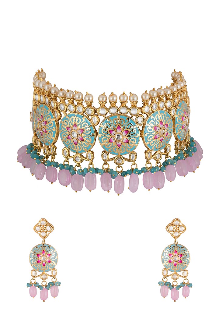 Gold Finish Meenakari Choker Necklace Set by Aster at Pernia's Pop Up Shop