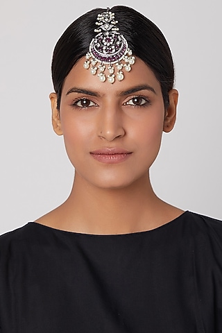 Black Rhodium Finish Pearl Maang Tikka by Aster