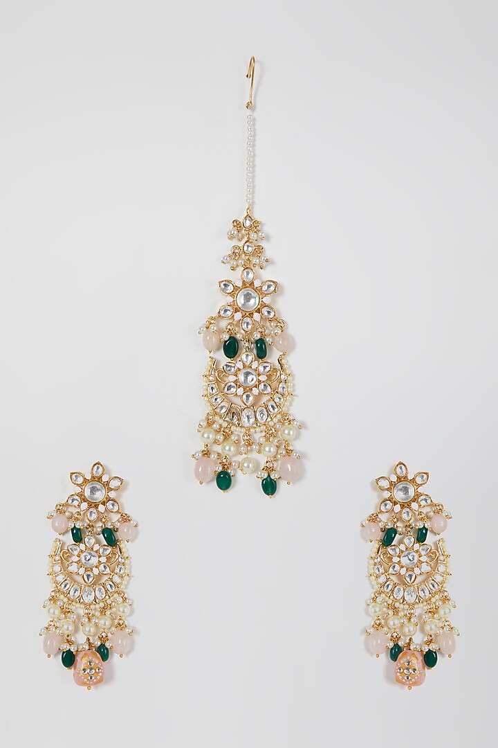 Gold Finish Kundan Polki Earrings With Maang Tikka by Aster at Pernia's Pop Up Shop