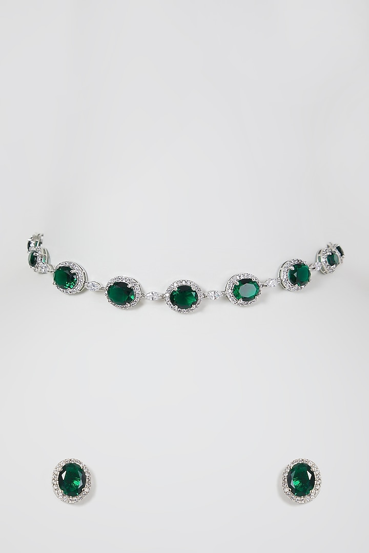 White Finish Diamond & Green Stone Collar Necklace Set by Aster at Pernia's Pop Up Shop
