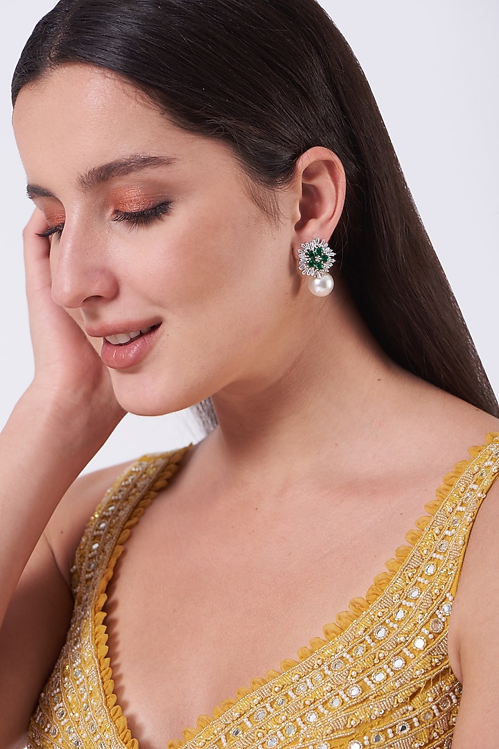 White Finish Stud Earrings With Pearls by Aster at Pernia's Pop Up Shop