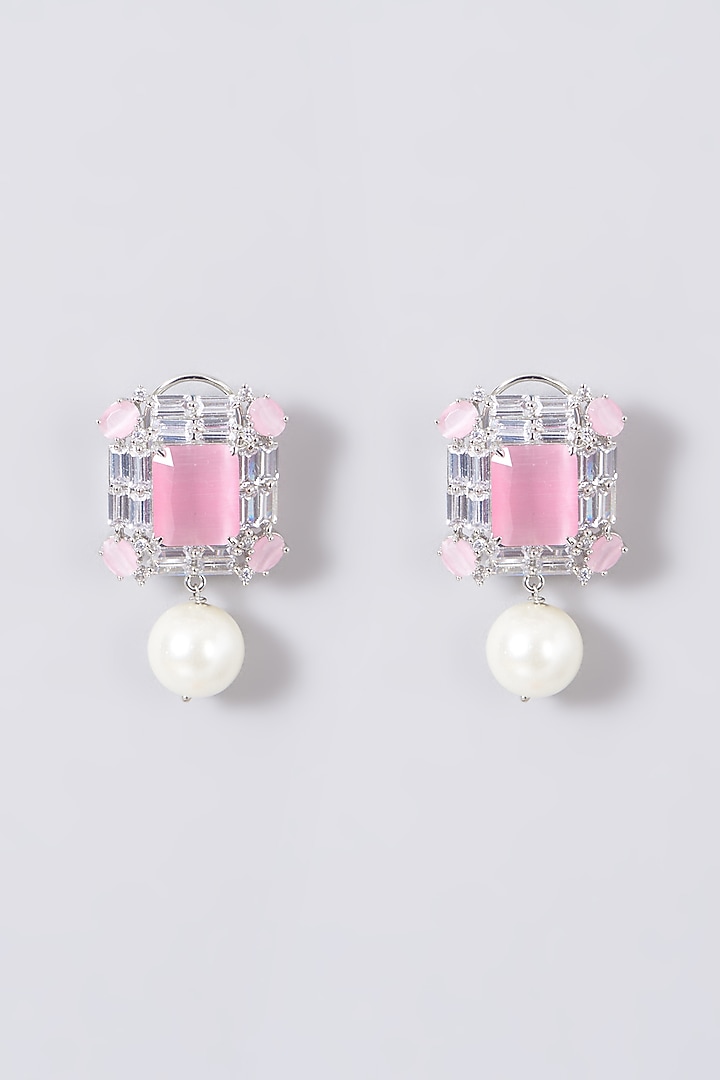 White Finish Stud Earrings With Pink Stones by Aster at Pernia's Pop Up Shop