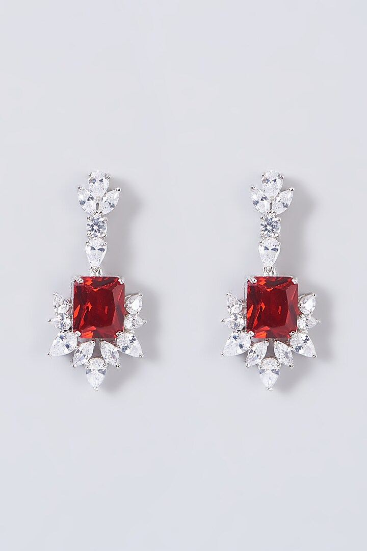 White Finish Red Stone & Zircon Dangler Earrings by Aster at Pernia's Pop Up Shop