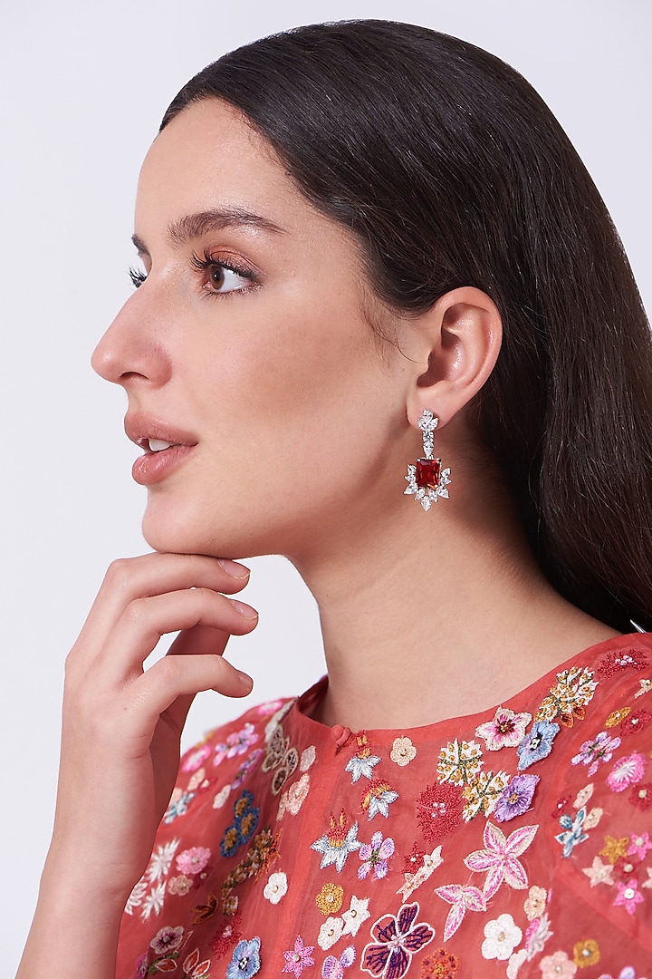 White Finish Red Stone & Zircon Dangler Earrings by Aster at Pernia's Pop Up Shop