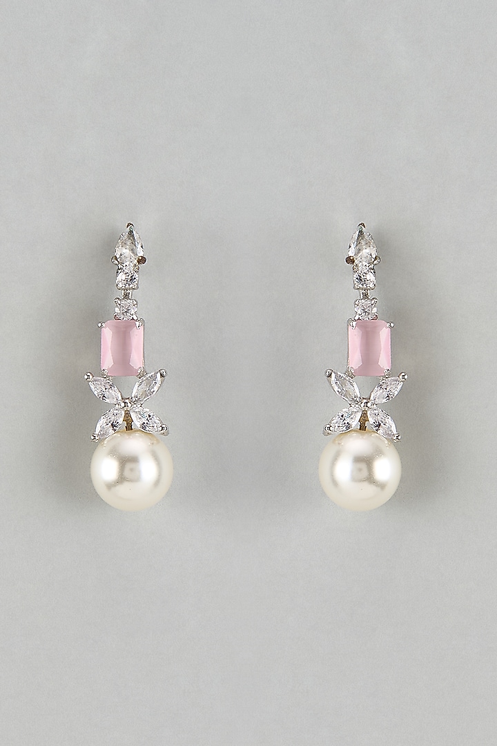 White Finish Zircon & Pink Stone Dangler Earrings by Aster at Pernia's Pop Up Shop