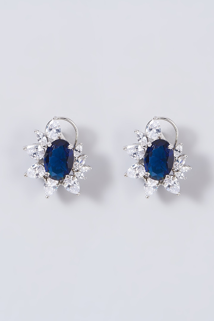 White Finish Blue Stone & Zircon Stud Earrings by Aster at Pernia's Pop Up Shop
