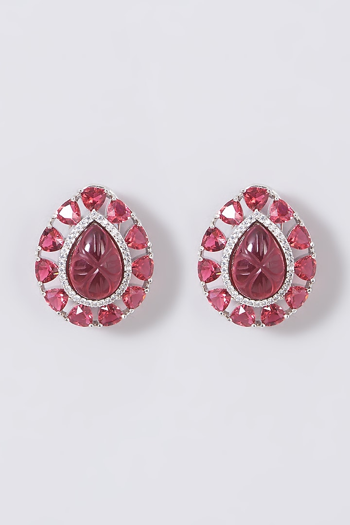 White Finish Stud Earrings With Red Stones by Aster at Pernia's Pop Up Shop