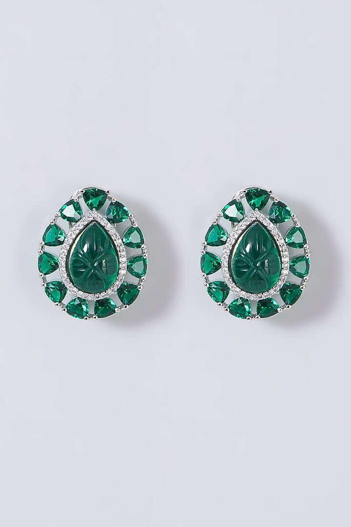 White Finish Stud Earrings With Green Stones by Aster at Pernia's Pop Up Shop
