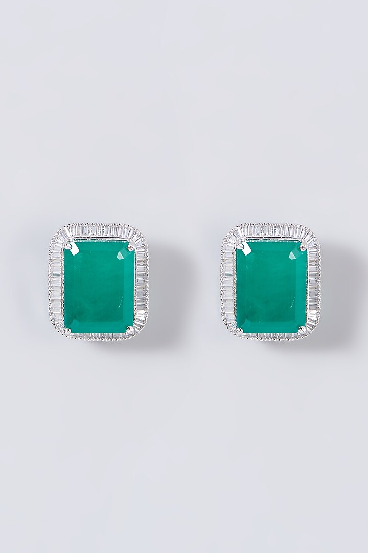 White Finish Green Stone & Zircon Stud Earrings by Aster at Pernia's Pop Up Shop