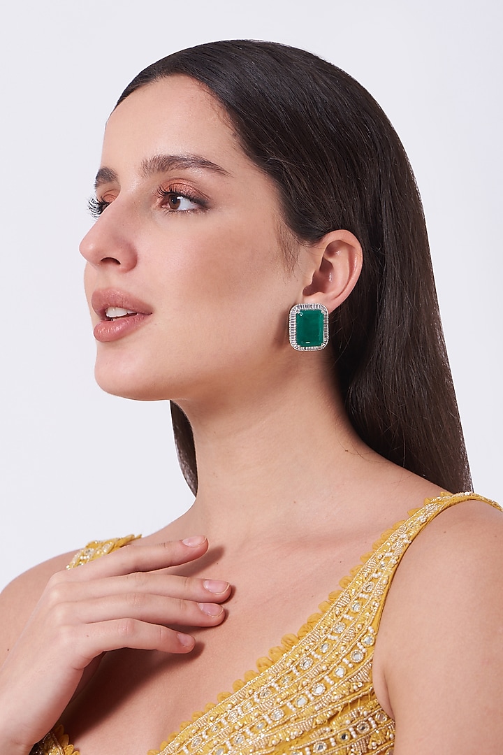 White Finish Green Stone & Zircon Stud Earrings by Aster at Pernia's Pop Up Shop