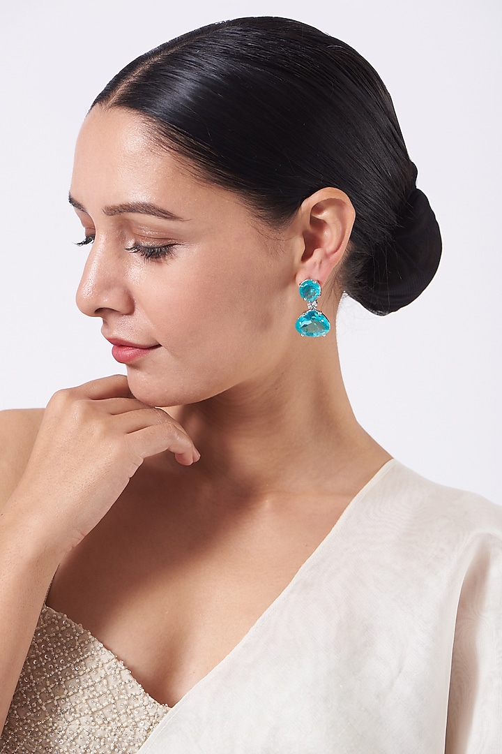 White Finish Blue Stone & Zircon Dangler Earrings by Aster