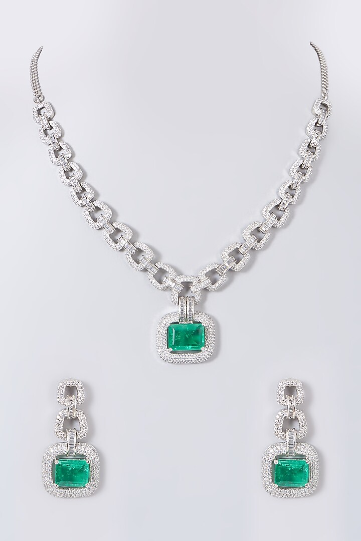 White Finish Green Stone & Zircon Necklace Set by Aster at Pernia's Pop Up Shop